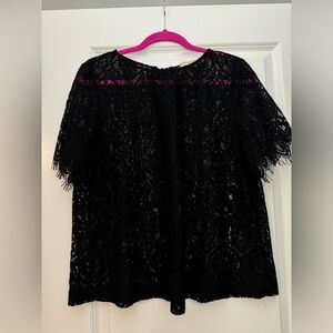 Ann Taylor LOFT Lace Short Sleeve Blouse Back Neck Tie Black Size Large Petite